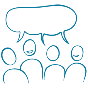 En illustration av grupp glada figurer som har dialog