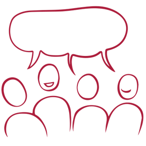 En illustration av grupp glada figurer som har dialog